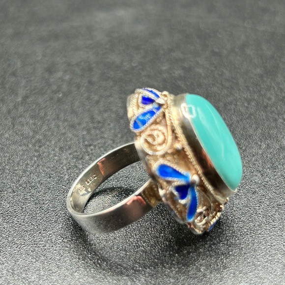 #1 Vintage Sleeping Beauty Turquoise Ring, 925 Silver with Enamel Accents SZ 7 - Picture 4 of 10
